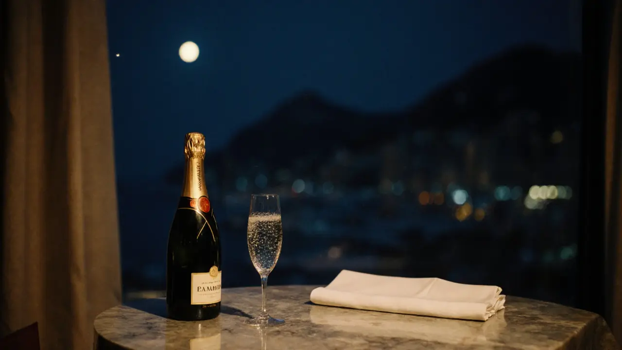 A champagne bottle with rising bubbles on a marble table, empty glass nearby, harbor lights visible through a window at night.