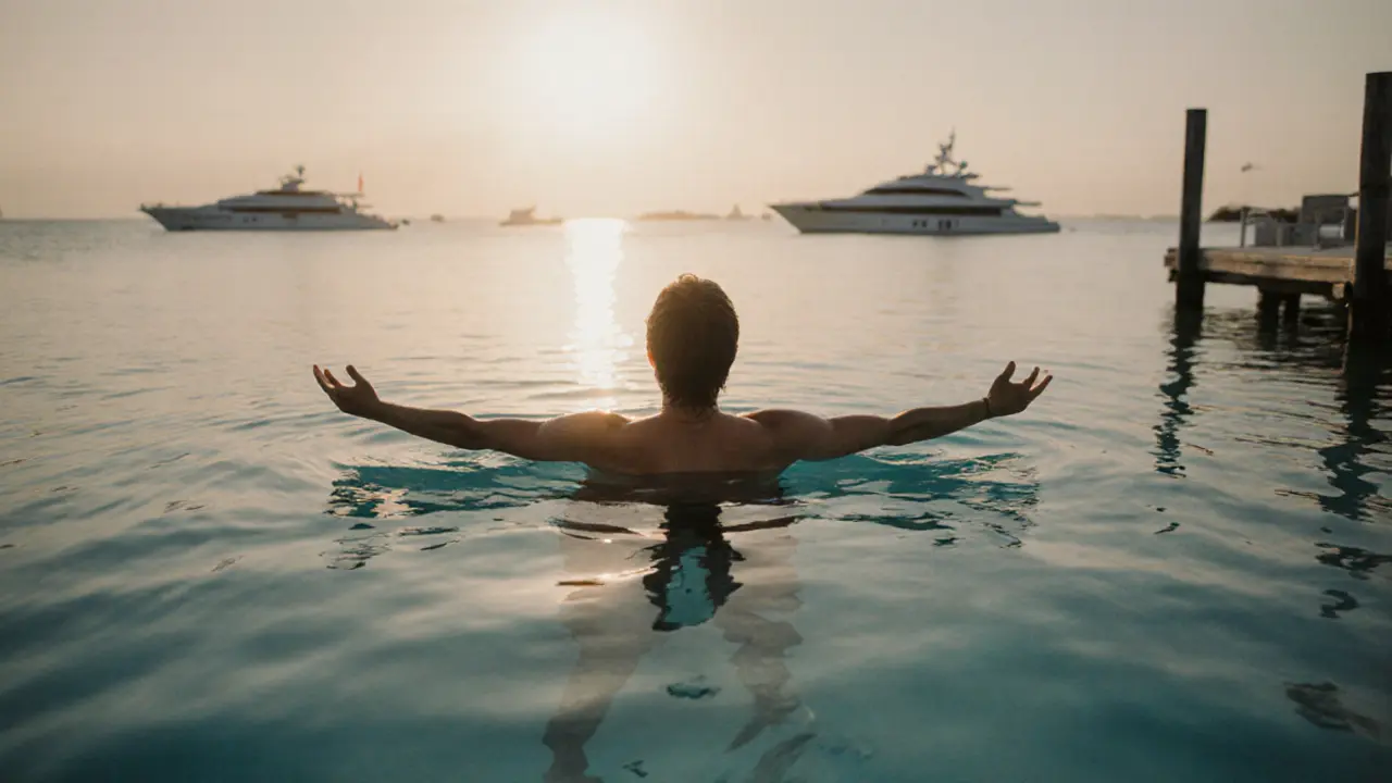 A person floating peacefully on a dock at dusk, surrounded by calm sea and glowing cliffs.