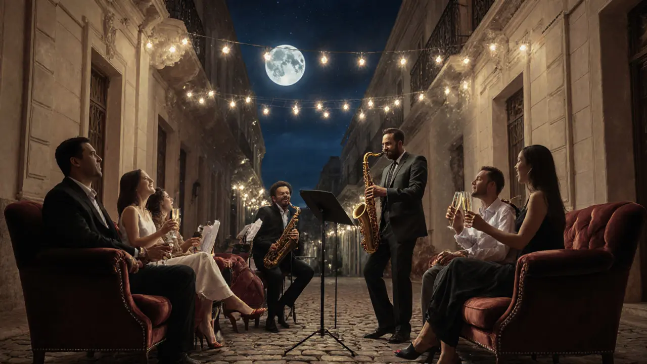 A surprise jazz band playing in a moonlit hotel courtyard as guests enjoy champagne in quiet delight.