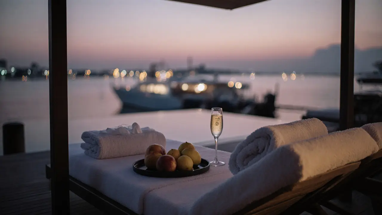 An empty, elegantly prepared cabana at dusk with a glass of champagne and chilled towels.