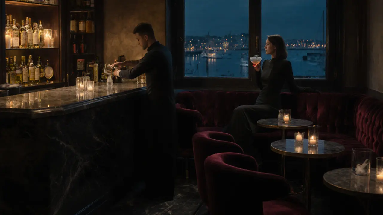 An intimate lounge with velvet couches and candlelight, a woman gazing at the harbor through a window, no people talking.