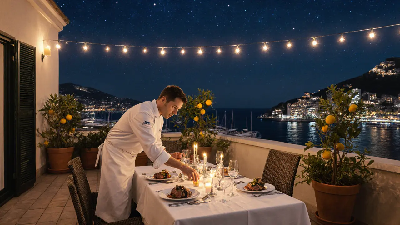 An intimate rooftop dinner for two under the stars with candlelight and views of Monte Carlo's harbor.