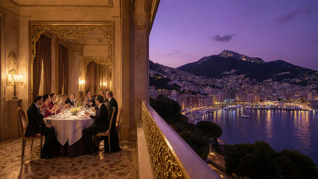 Balcony view of VIP dining at Le Louis XV overlooking the illuminated ballroom.