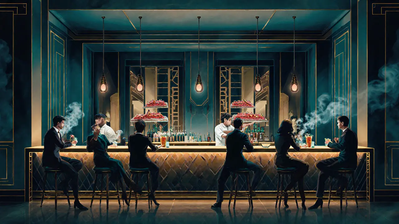 Bar Américain interior with bartenders, chefs, and patrons enjoying cocktails.