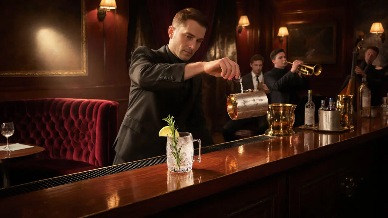 Bar Américain interior with velvet booths, brass fixtures, and a Monaco Mule cocktail being prepared.
