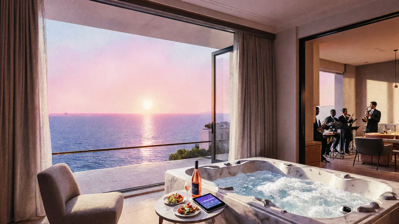 Club Suite terrace at sunset with jacuzzi, rosé, canapés and Mediterranean view.