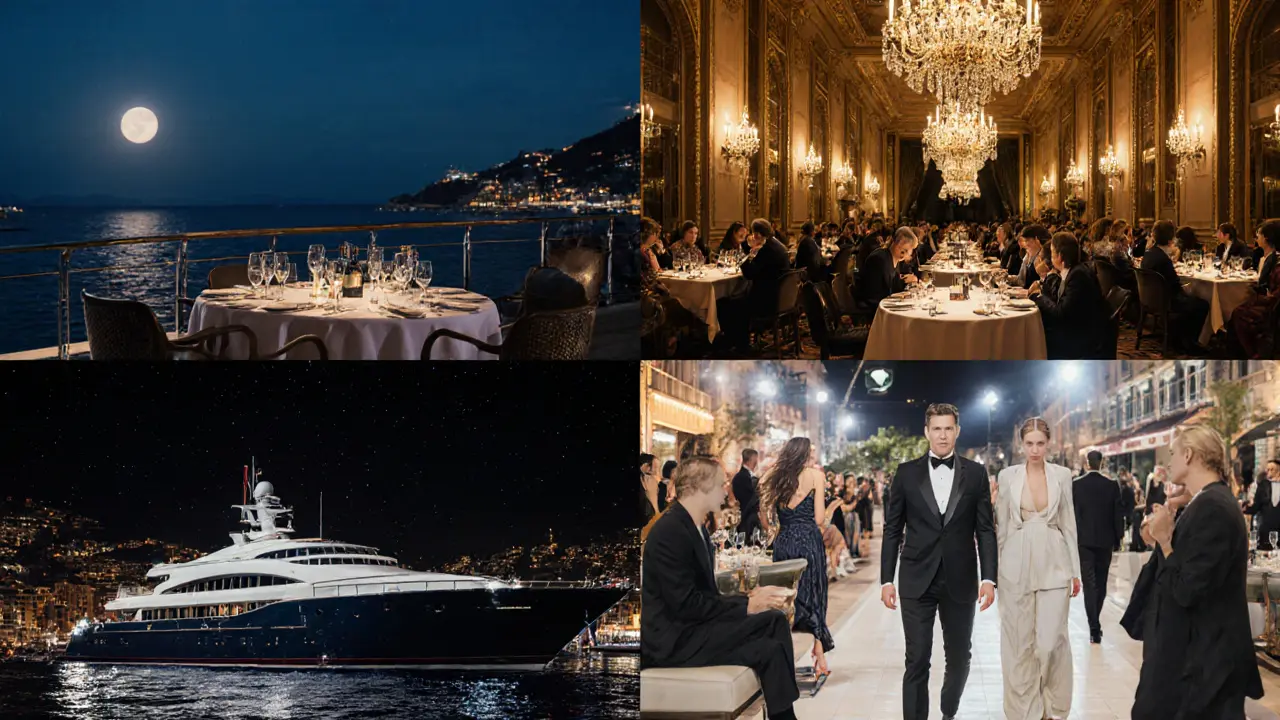 Collage of Monte‑Carlo nightlife: fine dining terrace, casino hall, yacht deck party, and fashion pop‑up runway.