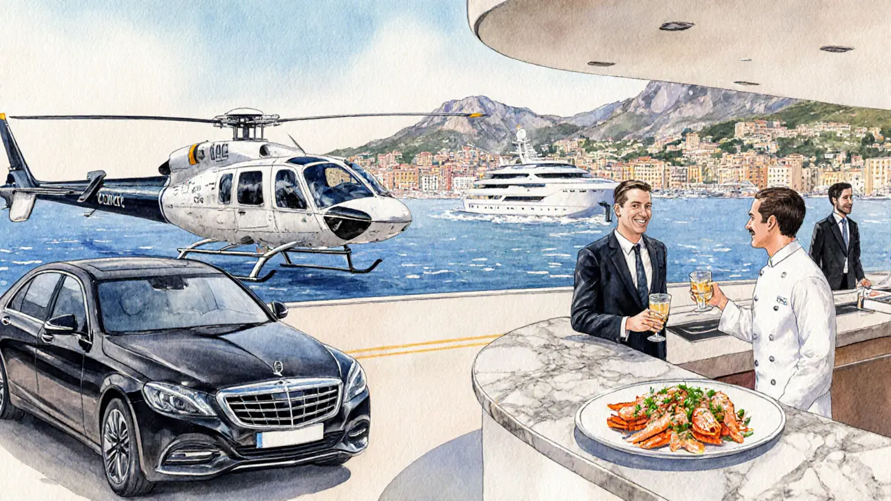 Concierge welcoming a guest beside a helipad, with chef preparing seafood and a superyacht nearby.