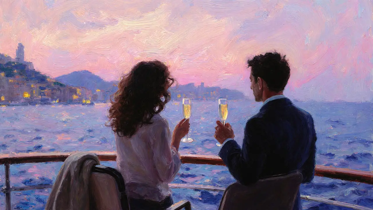 Couple on a yacht at sunset, sipping champagne over the Riviera.
