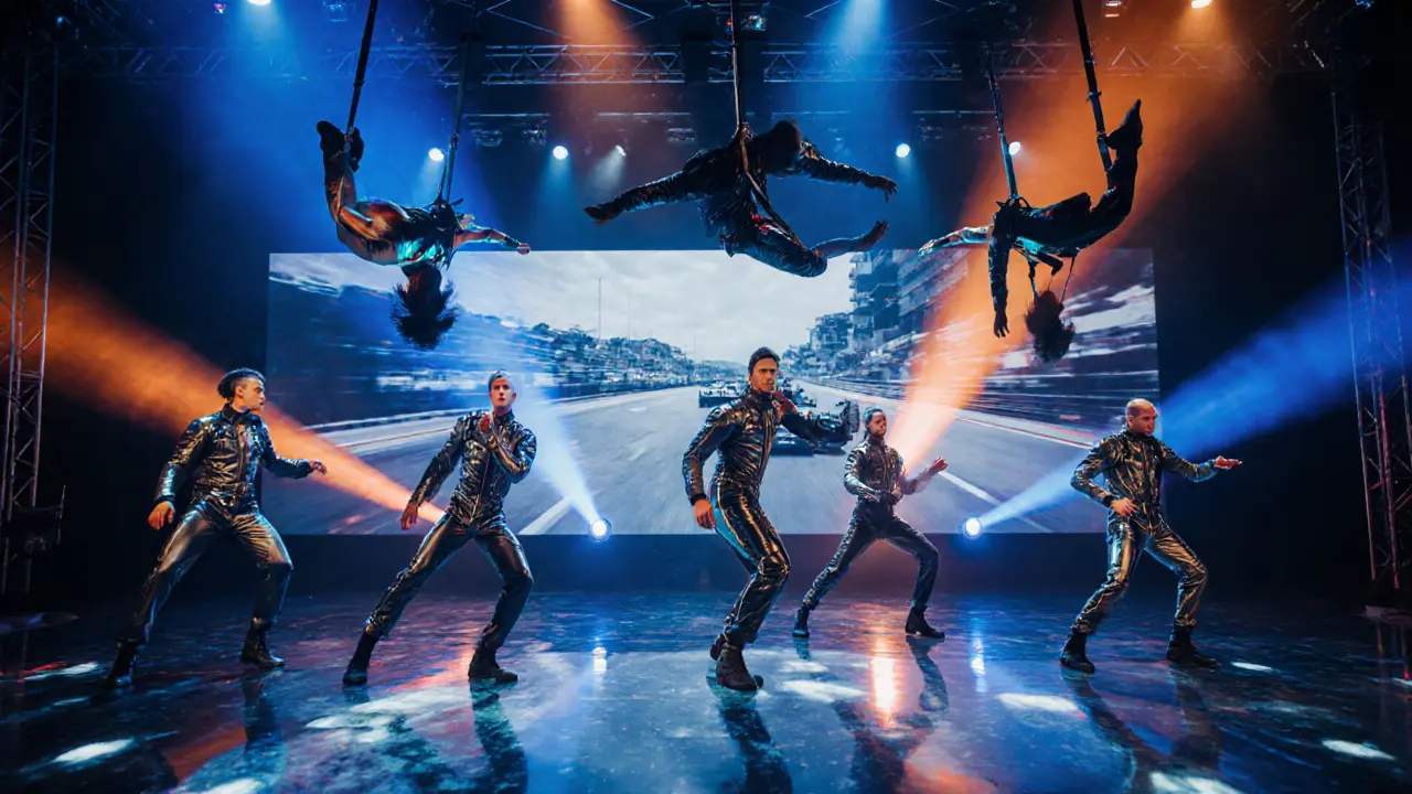 Dancers and DJ perform high‑energy act with neon lighting and aerial artists overhead.