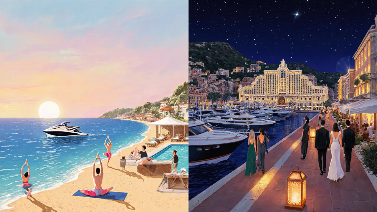Day‑to‑night illustration showing beach activities blending into a night stroll toward Monte Carlo Casino and Port Hercules.
