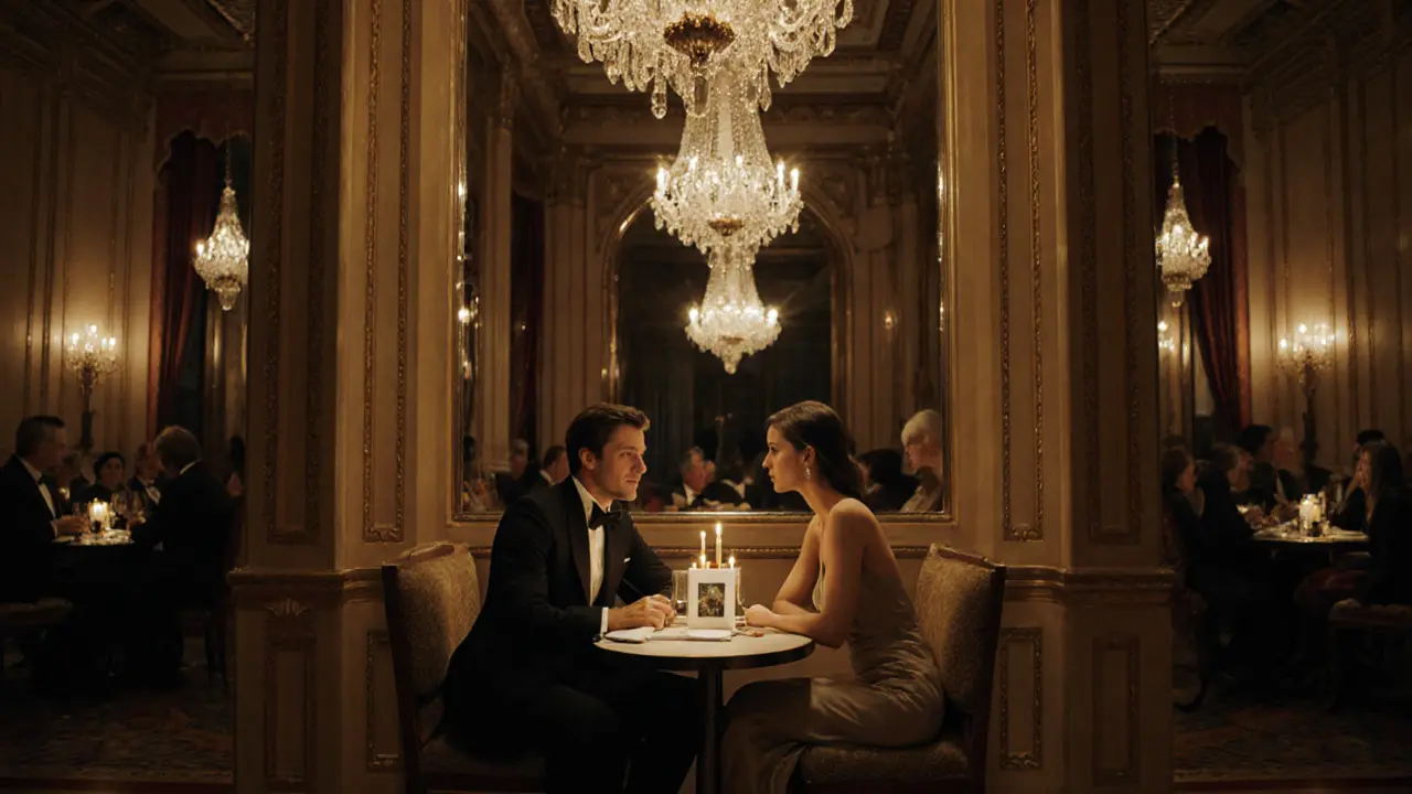 Elegant couple at a private table in Monte Carlo Casino with luxury décor.