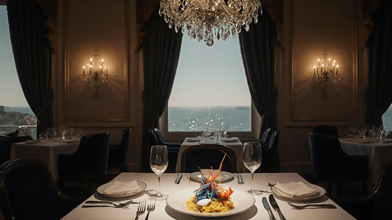 Elegant dinner at Le Louis XV with blue lobster and truffle foam under crystal chandeliers overlooking the sea.