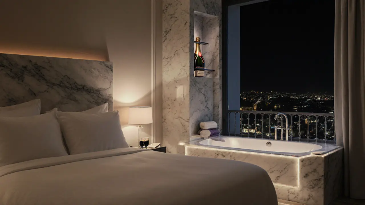 Elegant hotel suite at midnight with a perfect bed, marble tub, and wine bottle under soft lighting.