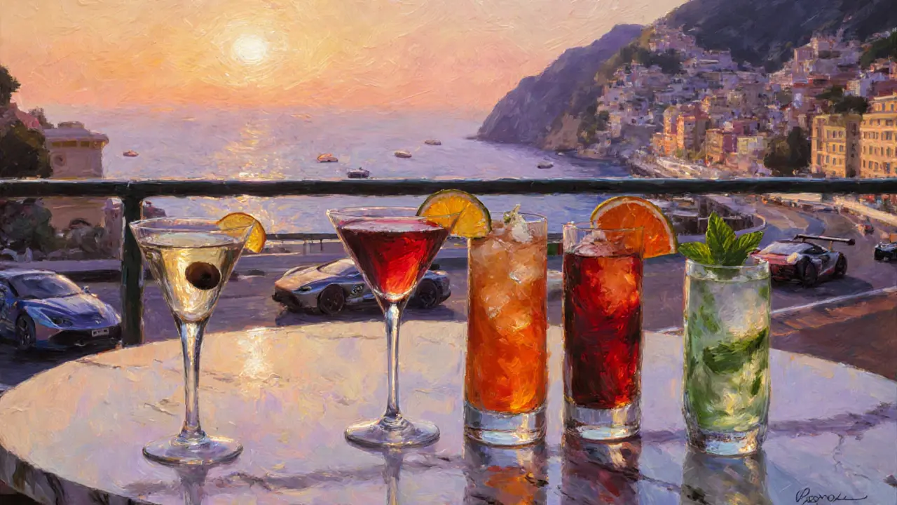 Elegant terrace table displays Champagne, Martini, Negroni, Aperol Spritz, and Mojito at sunset.