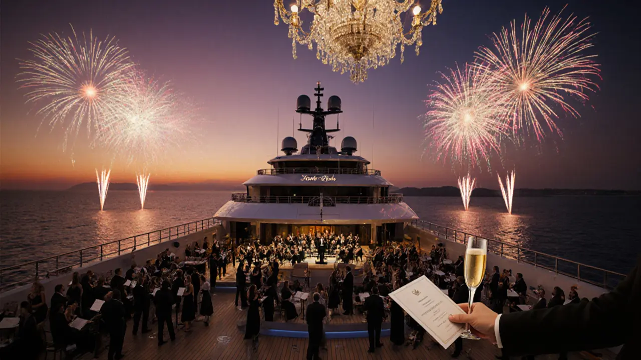 Evening gala on the Serenity yacht with black‑tie guests, orchestra and fireworks.