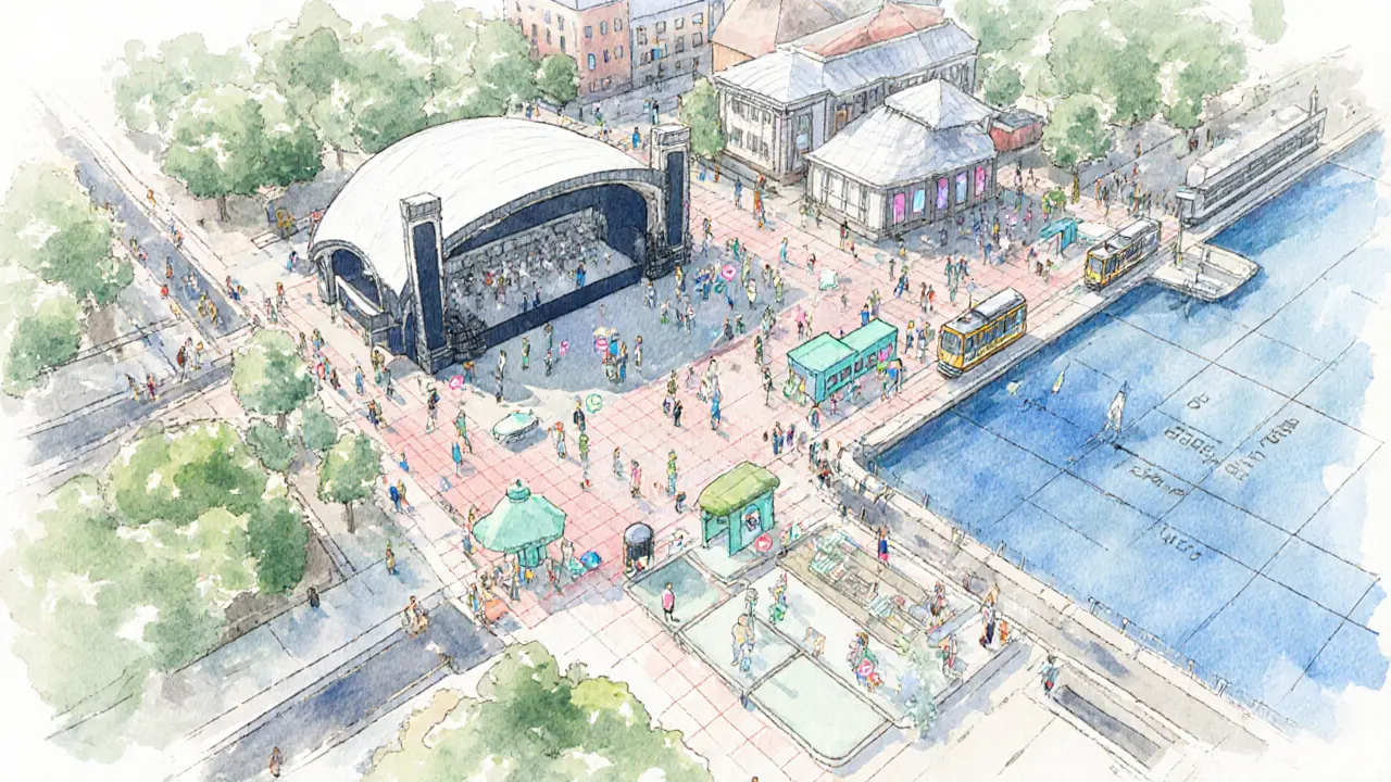 Illustrated map showing festival venues and attendees walking between them.