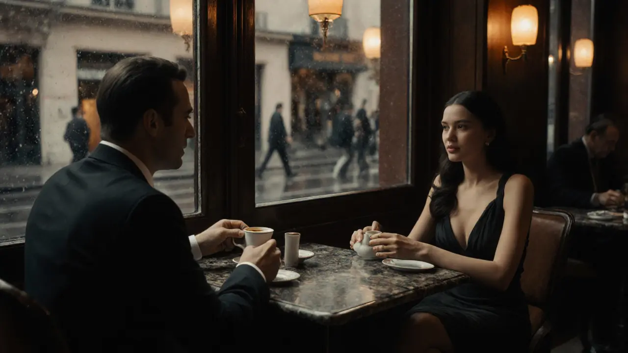 Intimate café setting where a gentleman and a model share coffee in Monaco.