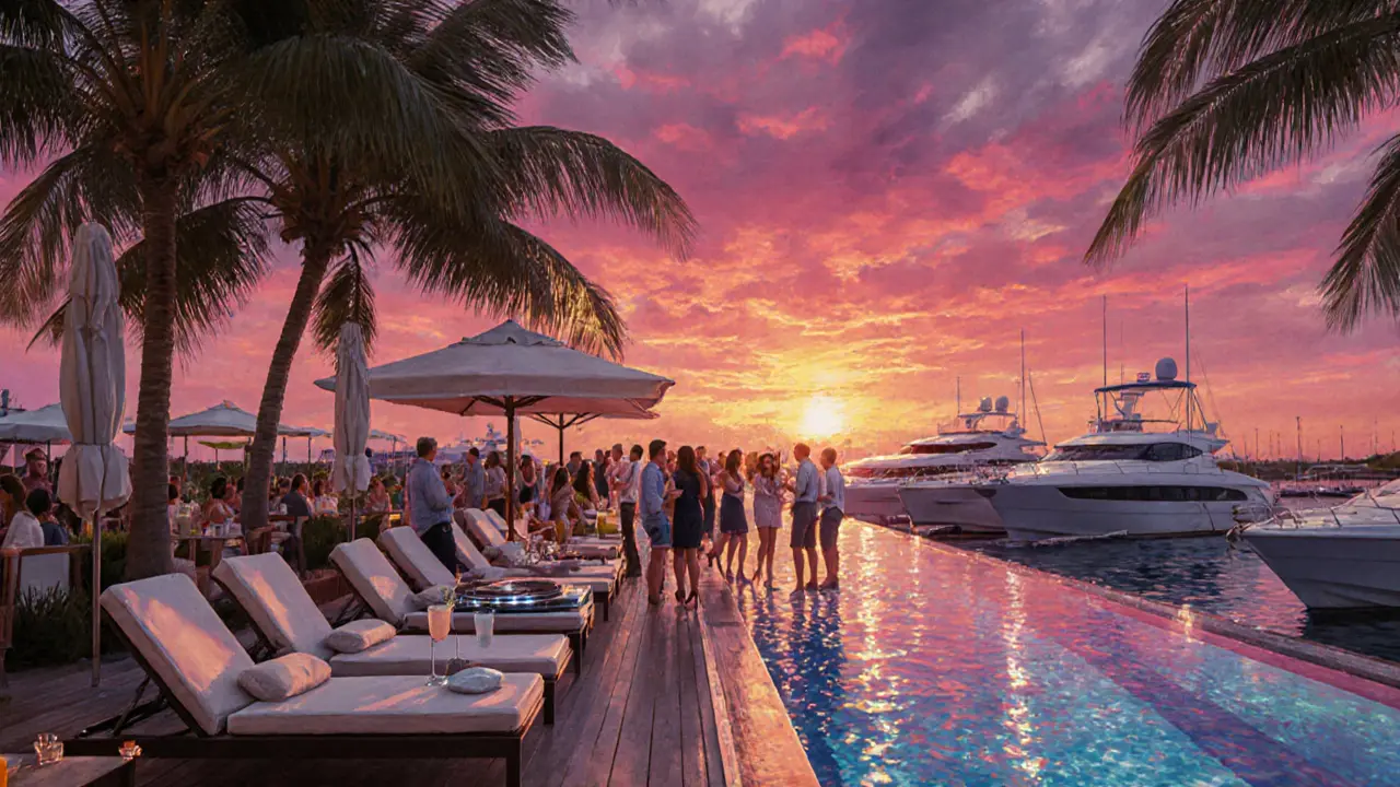 Jimmy'z Beach Club sunset scene with cabanas, DJ, and guests enjoying cocktails by the pool.