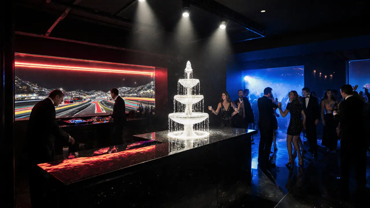 Le Grill after‑party with champagne fountain and neon‑lit dance floor.