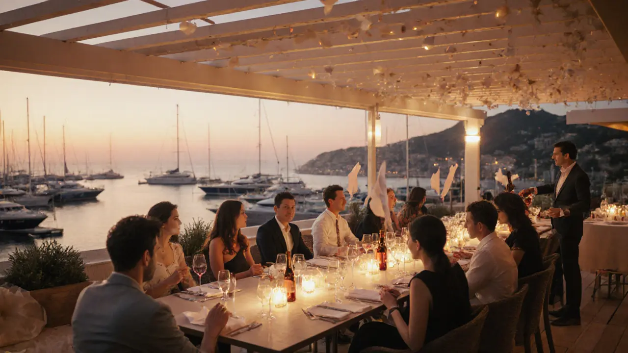 Le Grill rooftop terrace at sunset, guests dining with panoramic bay view.