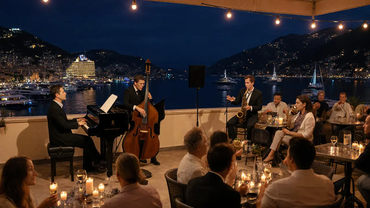 Live jazz band performing on La Rascasse’s terrace as guests enjoy drinks under ambient lights.