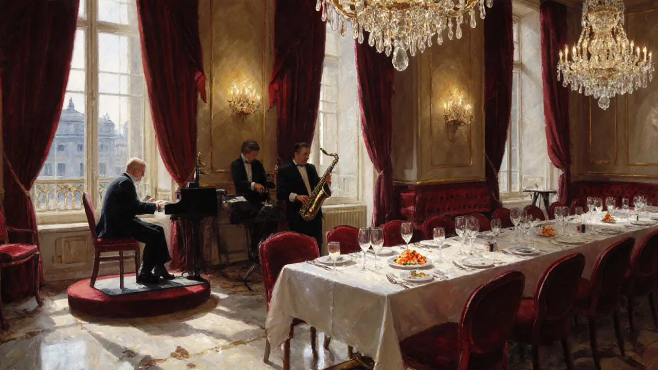 Luxurious Le Louis XV dining room with chandeliers, jazz trio and velvet lounge.