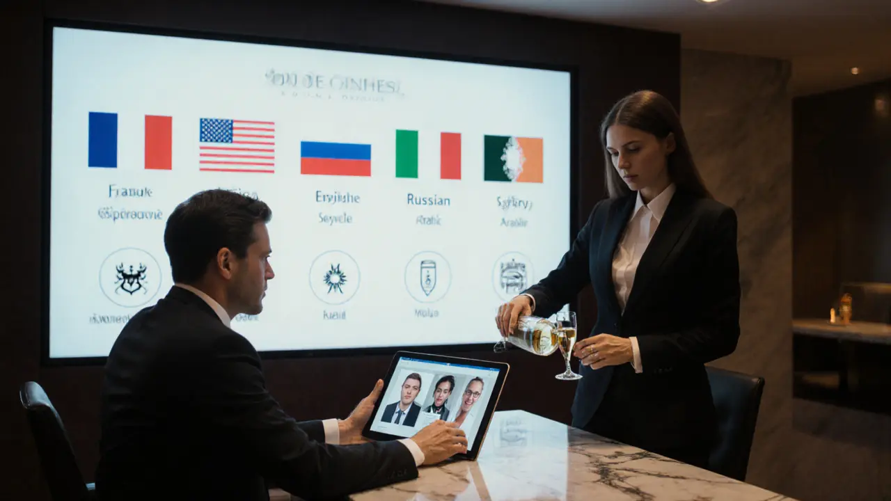Luxury consulting room with client reviewing profiles and a model offering champagne.