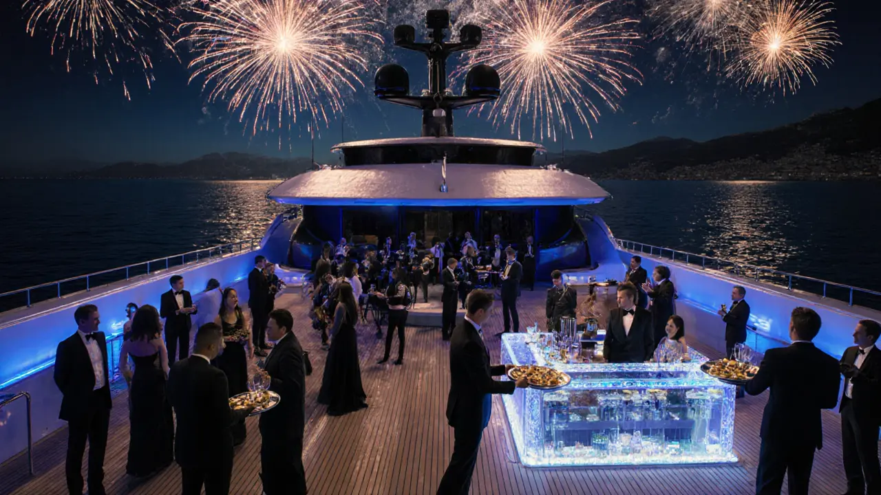 Luxury party on the Louis Vuitton Yacht at night with fireworks, guests in black‑tie, and live band.