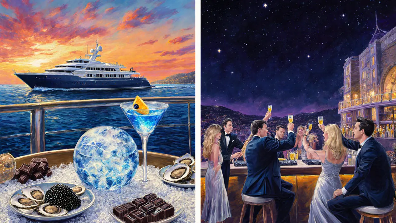Luxury yacht and rooftop bar scene featuring blue gin, caviar, oysters, and a night toast.