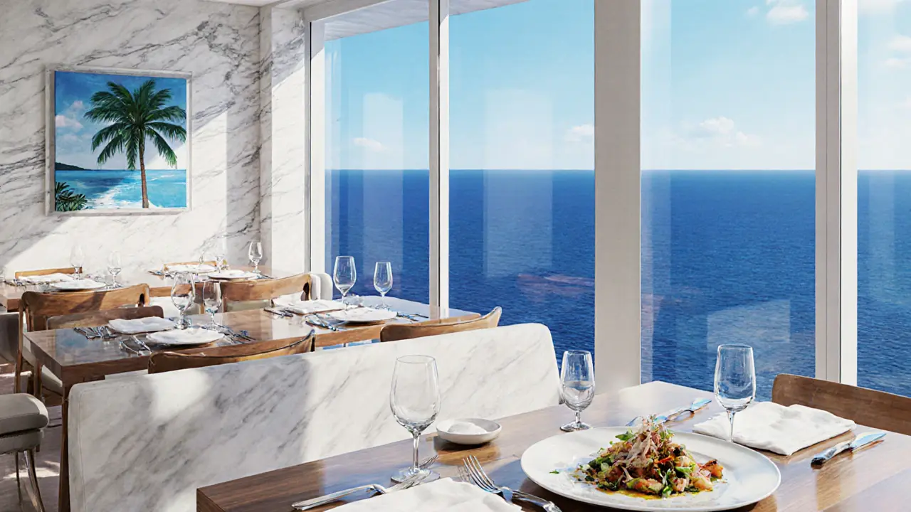 Modern Blue Bay restaurant interior with glass walls overlooking the Mediterranean sea.