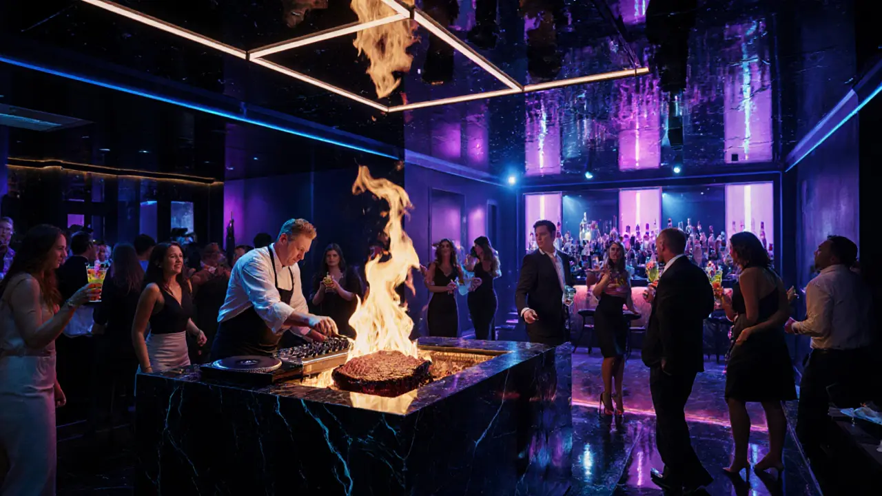 Modern Le Grill steakhouse with open‑flame grill, DJ booth and dancing guests.