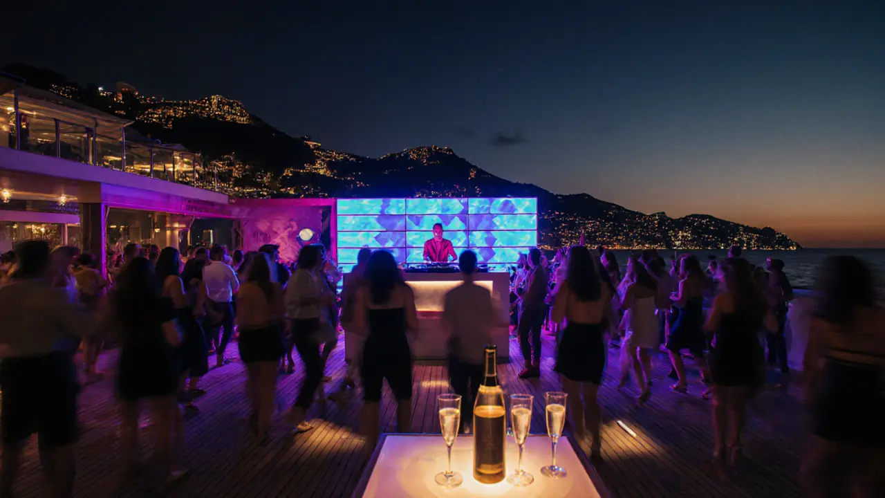 Neon‑lit night party at Nikki Beach Monaco with DJ, dancing crowd, and rooftop terrace view.