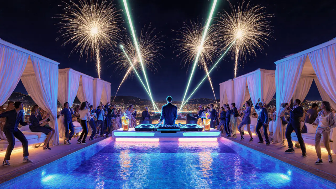 Night scene at Jimmy’z Beach Club showing a pool party, DJ, fireworks and stylish guests in cabanas.