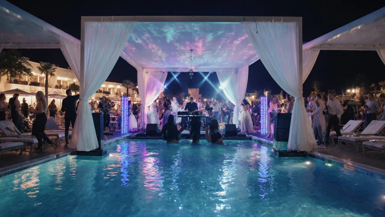 Poolside scene with DJ on floating stage, vibrant lights and guests sipping cocktails.