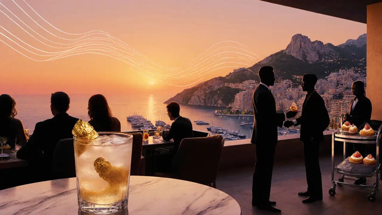 Rooftop bar at sunset with gold-leaf cocktail and dessert cart, overlooking Monaco's harbor and cliffs.