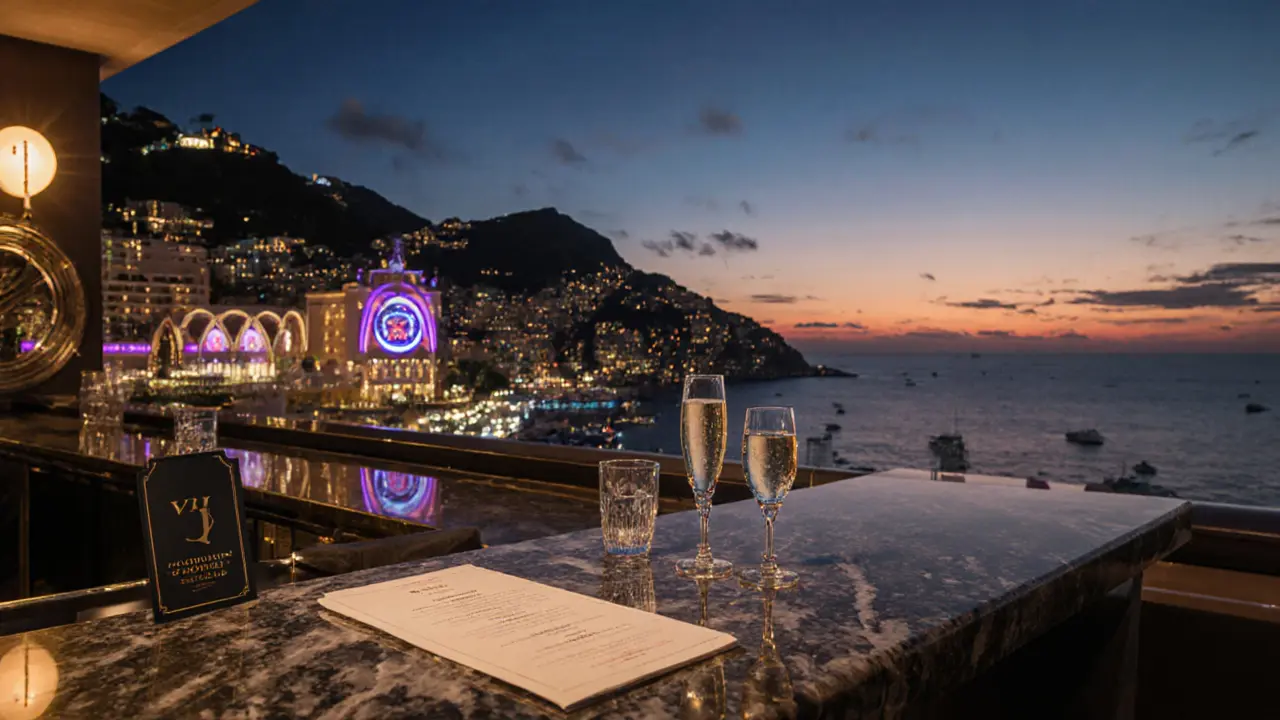 Rooftop bar with Bay view, champagne, and Monte Carlo Casino VIP entrance at night.