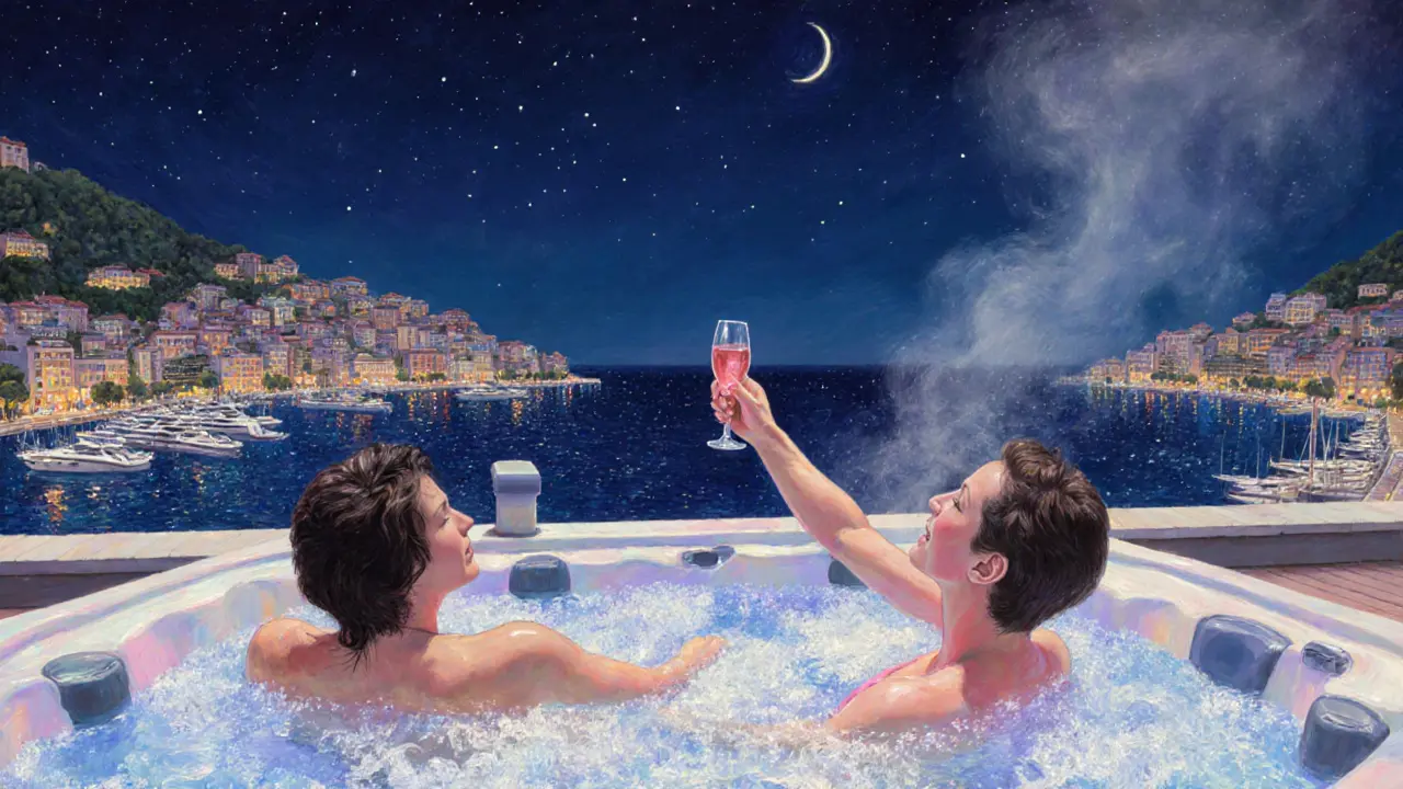 Rooftop hot tub with couples, harbour lights, and rosé glasses under night sky.