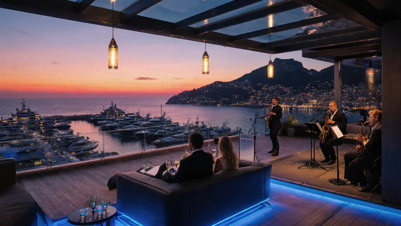 Rooftop lounge Le Cézanne at sunset showing harbor view, couple sipping champagne, and live jazz band.