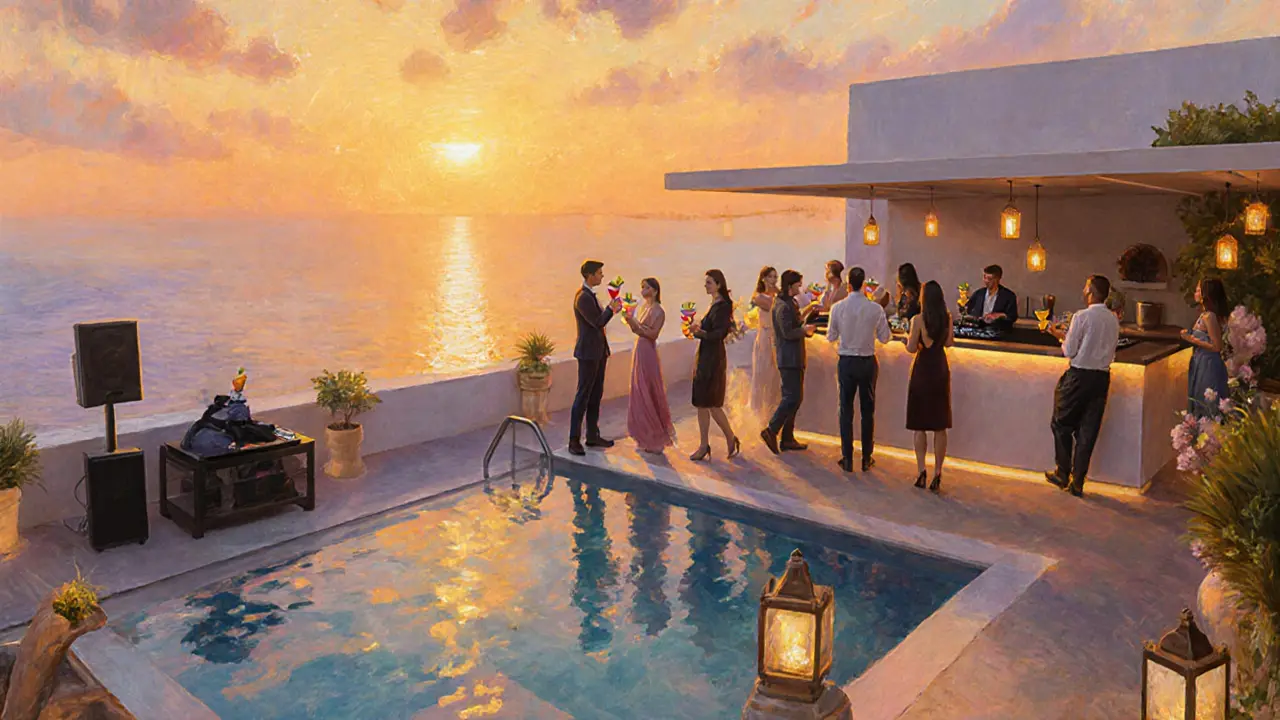 Rooftop terrace at sunset with guests, DJ and glowing pool.