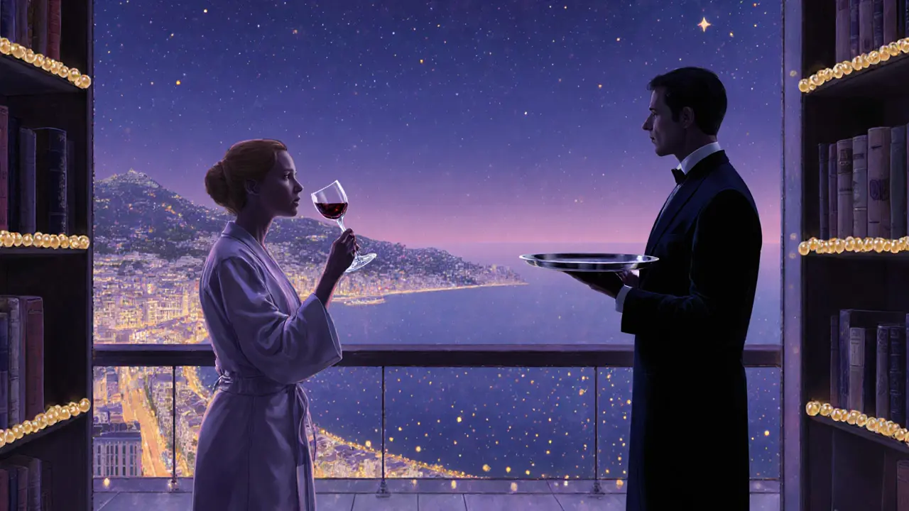 Secret rooftop terrace with city lights below and a guest sipping vintage wine under starry skies.
