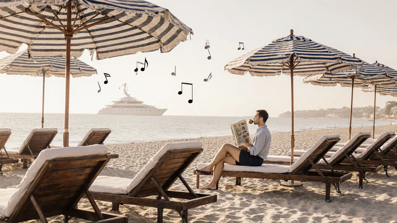 Serene morning at Plage Beau Rivage with vintage sunbeds and quiet coastal ambiance.