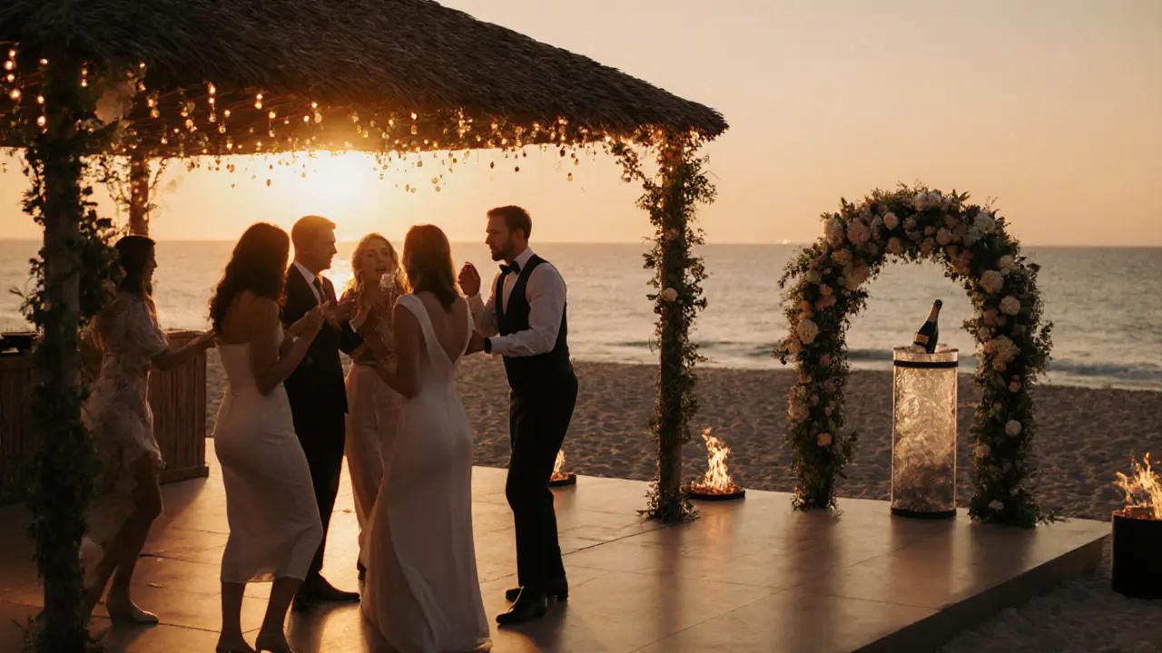 Sunset beach party with string lights, fire pits, and guests dancing by the ocean.