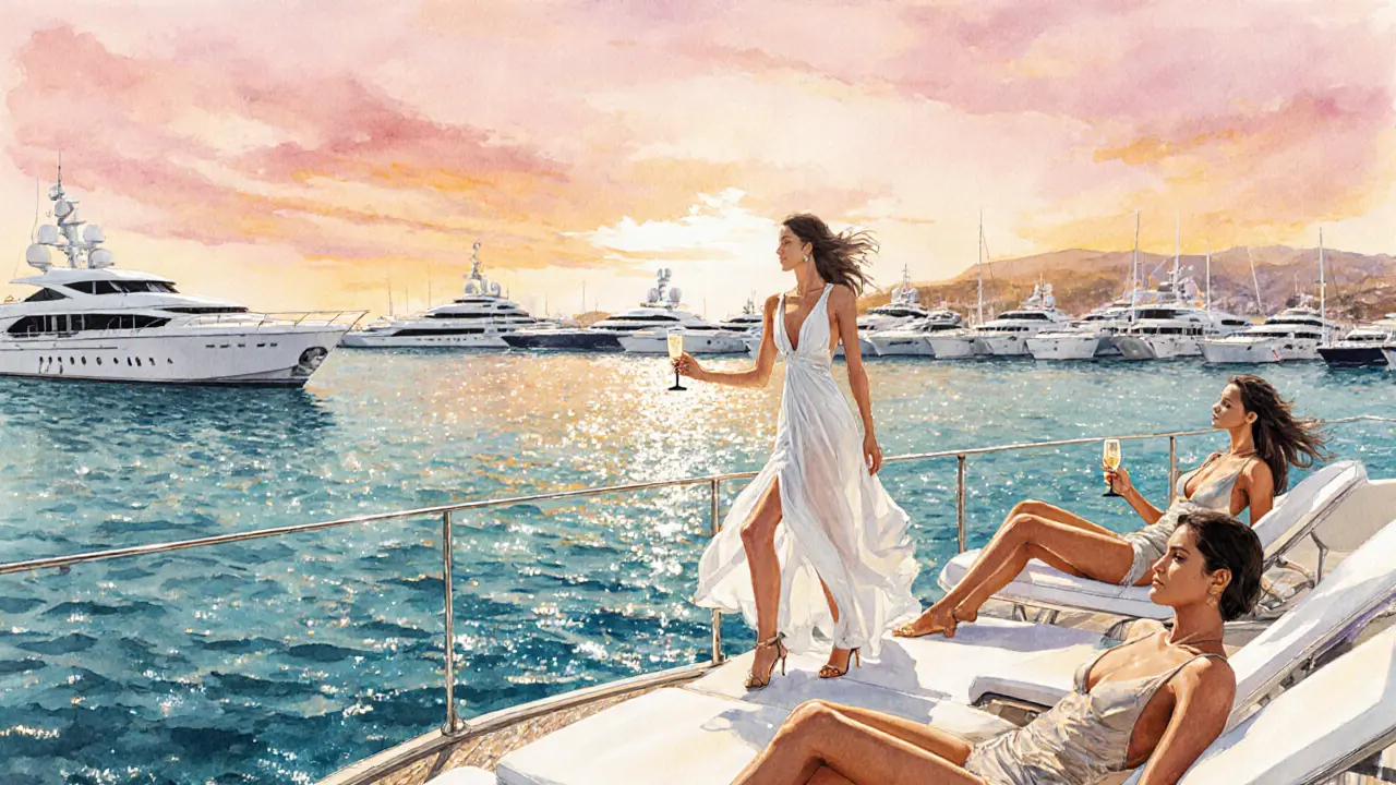 Sunset yacht club scene with models in designer swimwear on luxury yachts.
