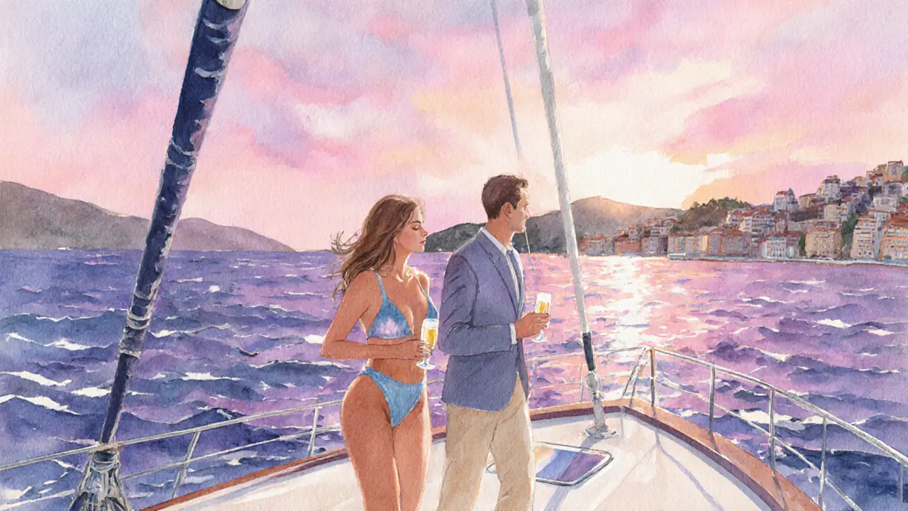 Sunset yacht scene with a resort‑clad model and client enjoying champagne.
