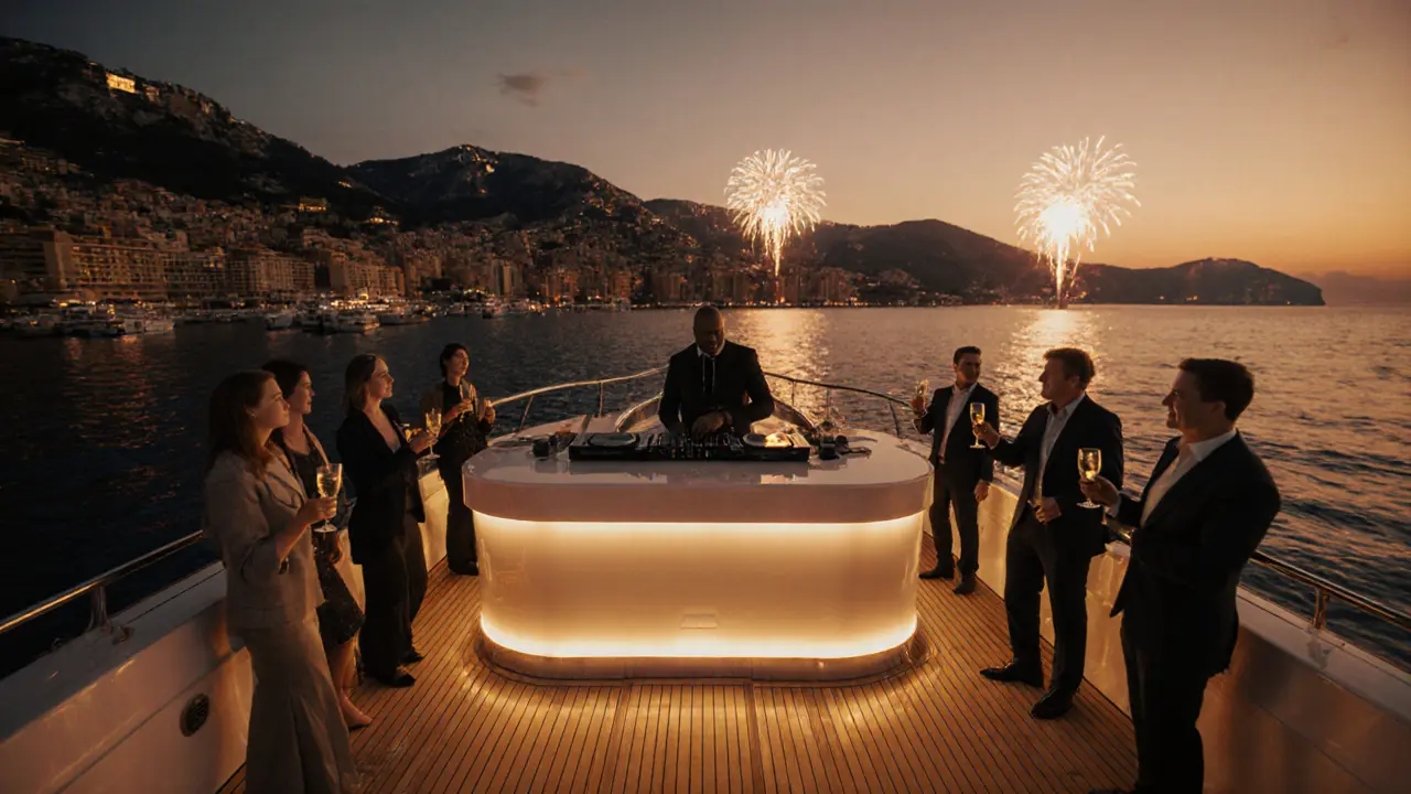 VIP guests on a yacht watching a sunset DJ set with champagne.