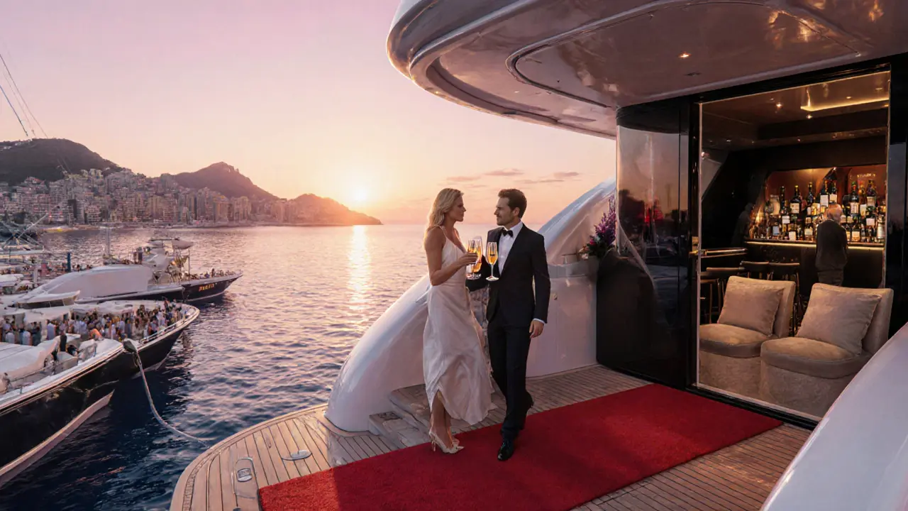 VIP yacht lounge with champagne toast and sunrise over the Mediterranean Sea.