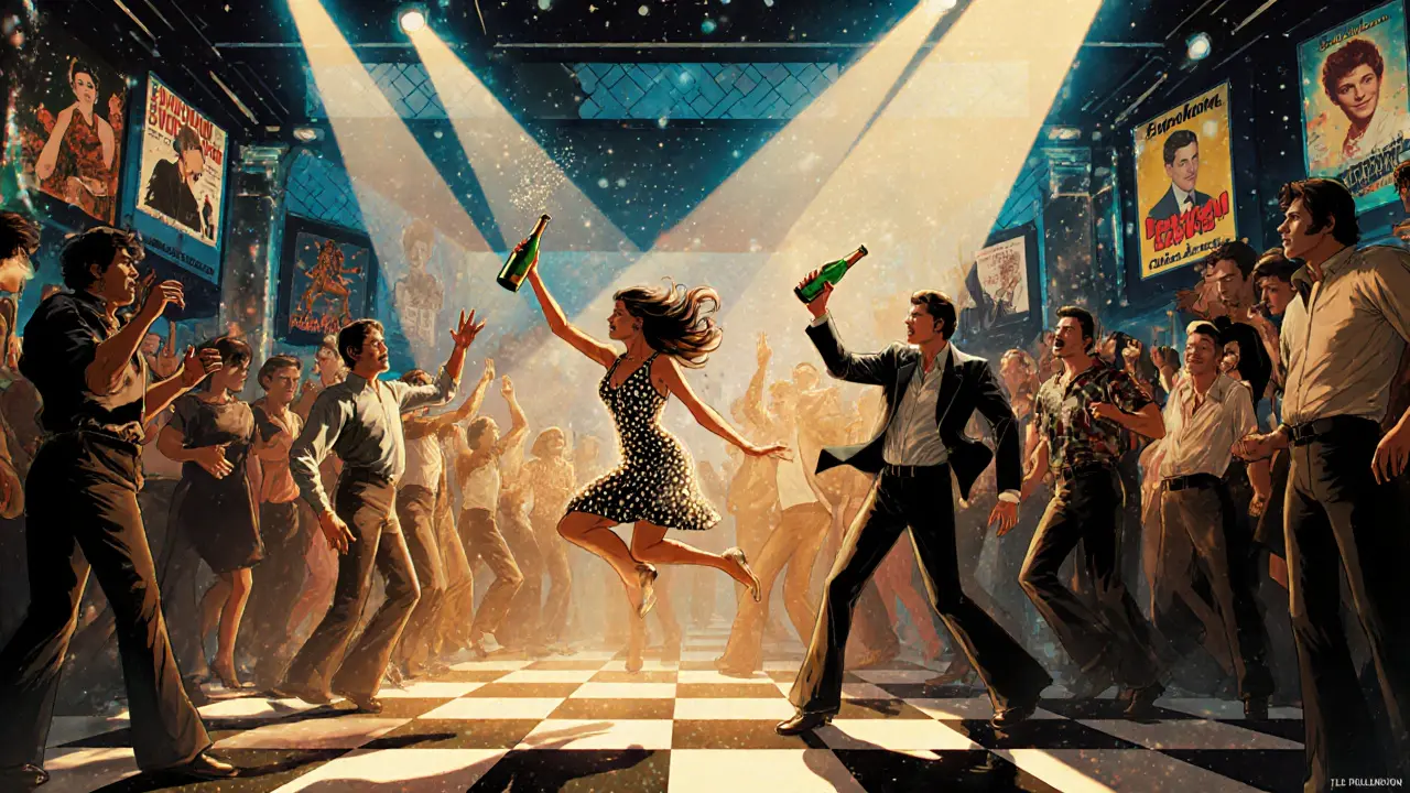 1970s disco-style interior of Cafe de Paris with glittering mirrors, vibrant lights, and diverse crowd dancing joyfully.