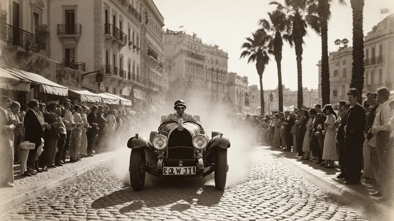 A 1929 Bugatti races on cobblestone streets of Monaco, driver in leather gear, spectators in vintage clothing watching.