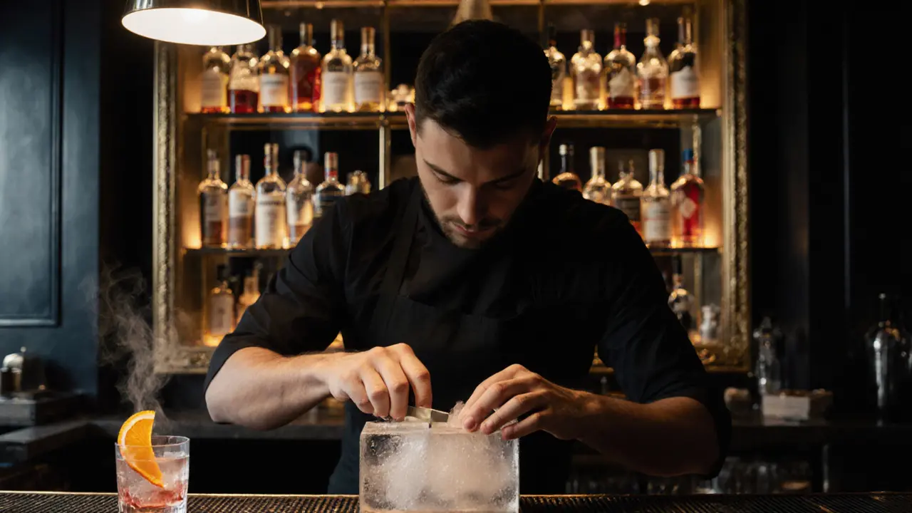 A bartender hand-chiseling ice at a polished bar, surrounded by rare bottles and a single crafted cocktail.